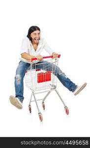 Man shopping with supermarket basket cart isolated on white