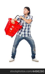 Man shopping with supermarket basket cart isolated on white