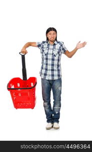 Man shopping with supermarket basket cart isolated on white