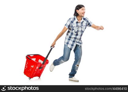 Man shopping with supermarket basket cart isolated on white