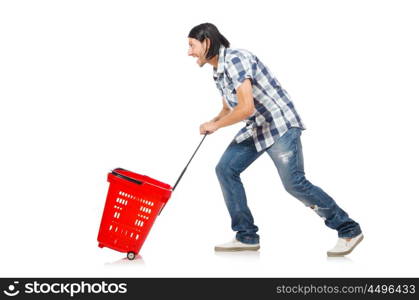 Man shopping with supermarket basket cart isolated on white