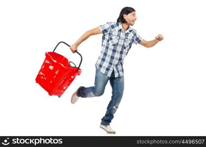 Man shopping with supermarket basket cart isolated on white