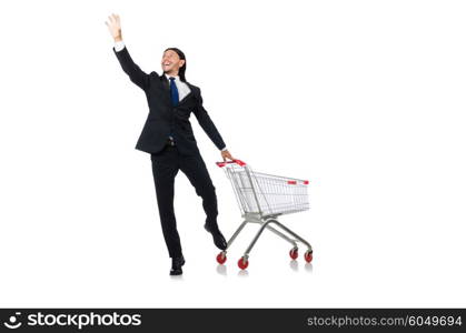 Man shopping with supermarket basket cart isolated on white