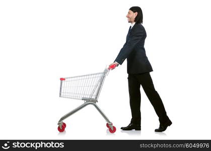 Man shopping with supermarket basket cart isolated on white