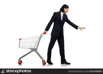 Man shopping with supermarket basket cart isolated on white