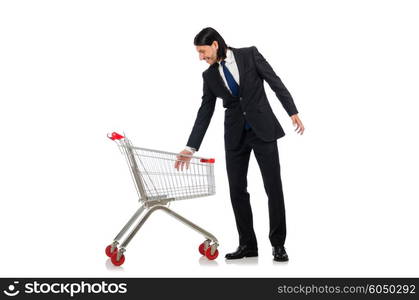 Man shopping with supermarket basket cart isolated on white