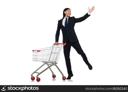 Man shopping with supermarket basket cart isolated on white