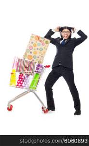 Man shopping with supermarket basket cart isolated on white