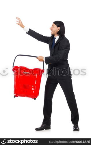 Man shopping with supermarket basket cart isolated on white