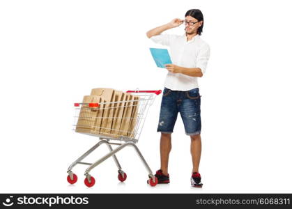 Man shopping with supermarket basket cart isolated on white