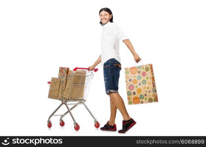 Man shopping with supermarket basket cart isolated on white