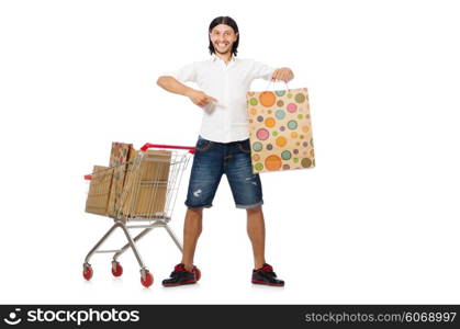 Man shopping with supermarket basket cart isolated on white