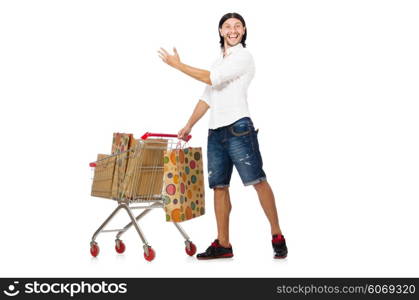 Man shopping with supermarket basket cart isolated on white