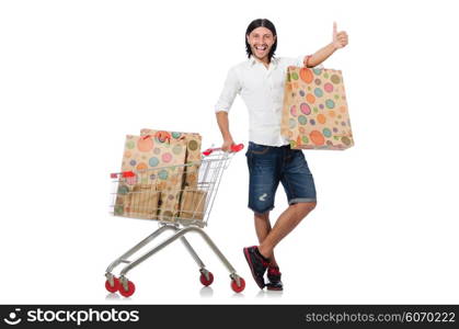 Man shopping with supermarket basket cart isolated on white