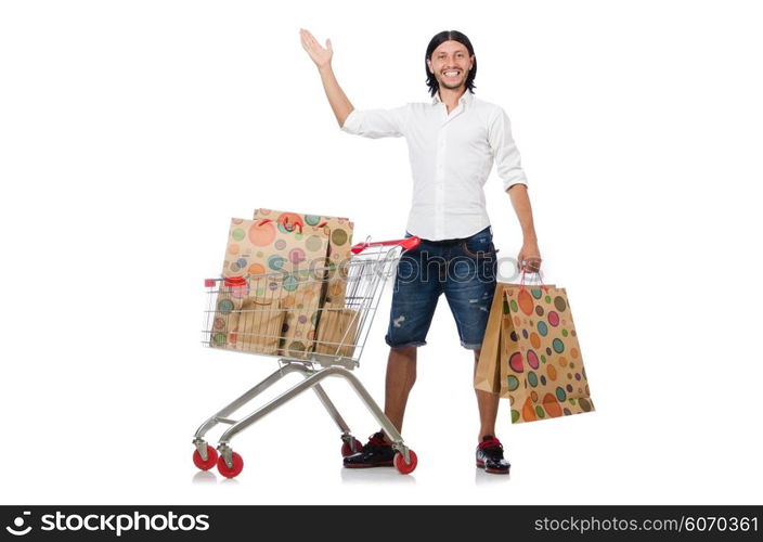 Man shopping with supermarket basket cart isolated on white