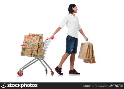 Man shopping with supermarket basket cart isolated on white