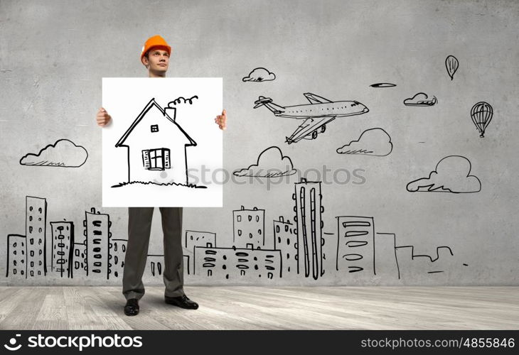 Man show banner. Businessman in suit holding placard with house symbol