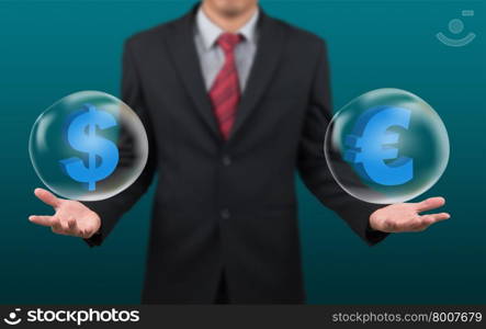 man show dollar and euro symbol in bubble on hand