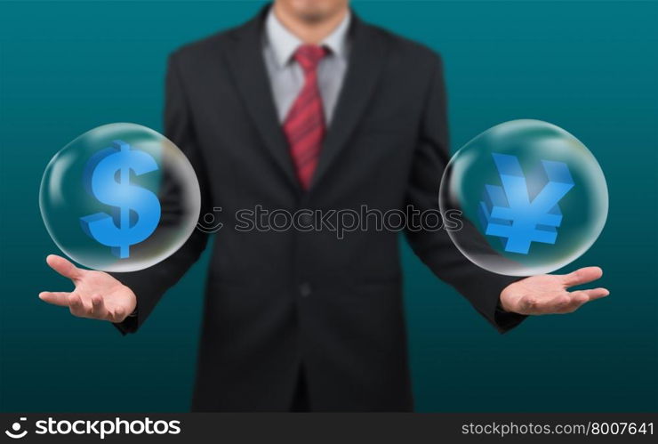 man show dollar and yen or yuan symbol in bubble on hand