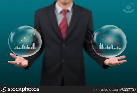 man show stock chart in bubble on hand