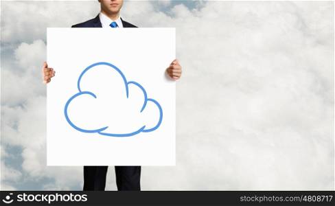 Man showing banner. Businessman holding banner with cloud computing concept