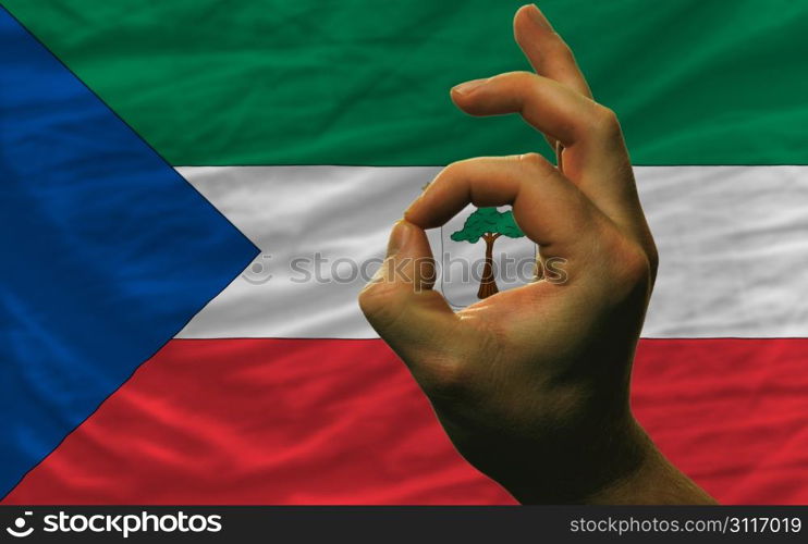 man showing excellence or ok gesture in front of complete wavy equatorial guinea national flag of symbolizing best quality, positivity and succes