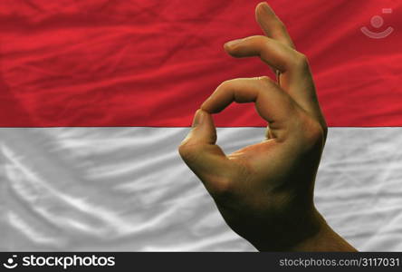 man showing excellence or ok gesture in front of complete wavy indonesia national flag of symbolizing best quality, positivity and succes