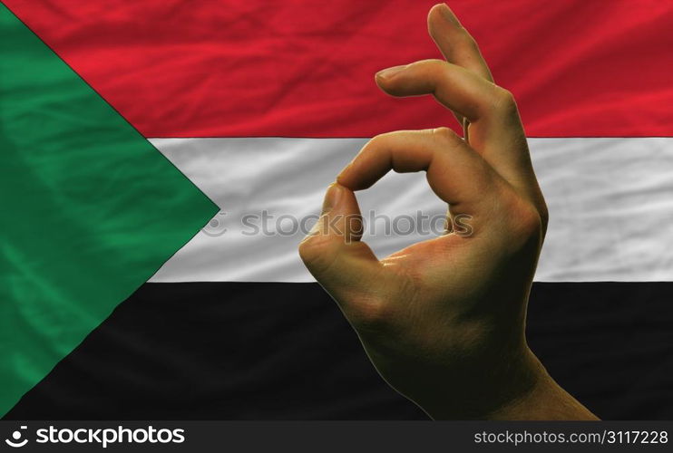 man showing excellence or ok gesture in front of complete wavy sudan national flag symbolizing best quality, positivity and succes