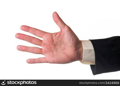 Man showing five fingers, suit sleeve and white isolated background.