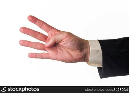 Man showing four fingers, suit sleeve and white isolated background.