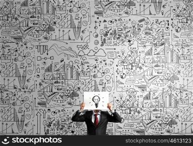 Man showing paper sheet. Unrecognizable businessman holding paper covering her face