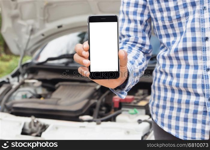 man showing phone blank screen call emergency service concept