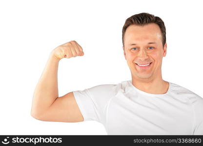 man shows biceps