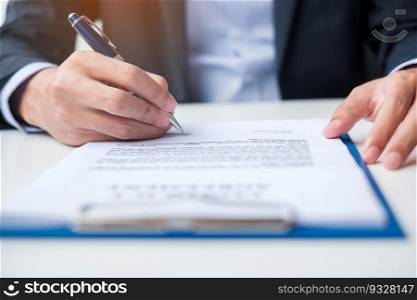 man signing on contract documents after reading, man holding pen and approve on business report. Contract agreement, law and deal concepts