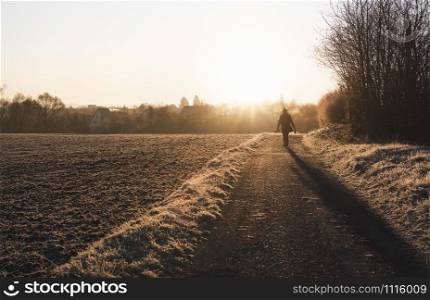 Man silhouette wandering on countryside alley at sunrise, on cold winter morning. Frozen nature landscape at golden hour, Schwabisch Hall, Germany.