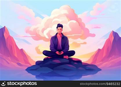 man sitting in lotus position on mountaintop meditating, mind body and nature in harmony. man sitting in lotus pose on mountaintop meditating, mind body and nature in harmony