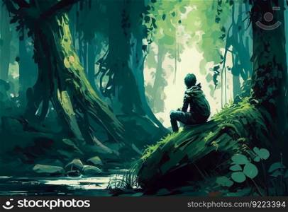 Man sitting in the forest illustration. AI generative.