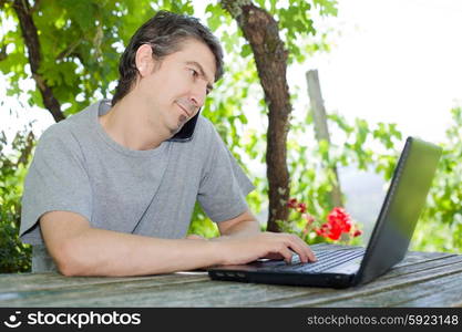 man sitting outdoor working with a laptop