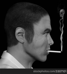 Man smoking a cigarette with skull forming through the smoke. 3d illustration.