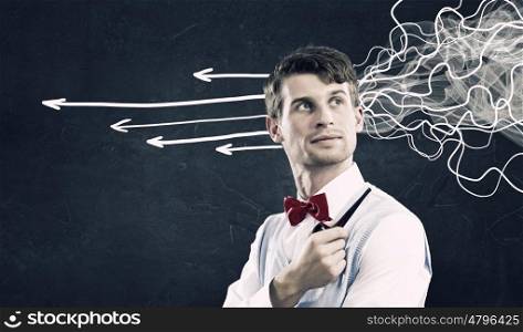 Man smoking pipe and thinking. Businessman smoking pipe and arrows and thoughts coming out of his head
