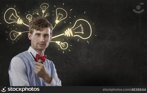 Man smoking pipe and thinking. Businessman smoking pipe and arrows and thoughts coming out of his head