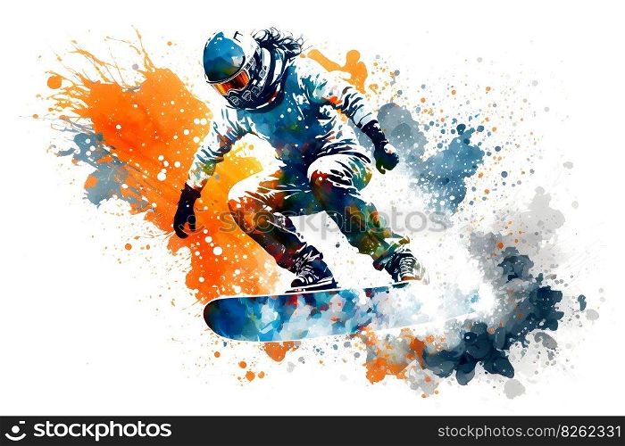 Man snowboarder jump on snowboard with rainbown watercolor splash isolated on white background. Neural network AI generated art. Man snowboarder jump on snowboard with rainbown watercolor splash isolated on white background. Neural network generated art