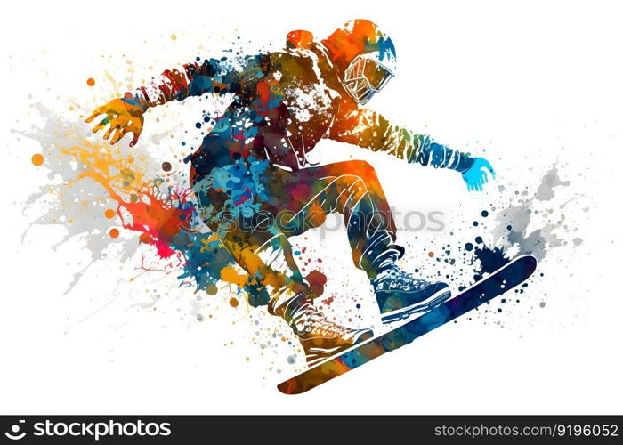 Man snowboarder jump on snowboard with rainbown watercolor splash isolated on white background. Neural network AI generated art. Man snowboarder jump on snowboard with rainbown watercolor splash isolated on white background. Neural network generated art