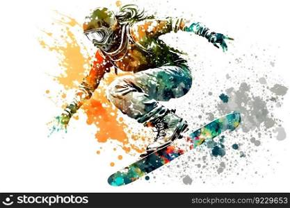 Man snowboarder jump on snowboard with rainbown watercolor splash isolated on white background. Neural network AI generated art. Man snowboarder jump on snowboard with rainbown watercolor splash isolated on white background. Neural network generated art