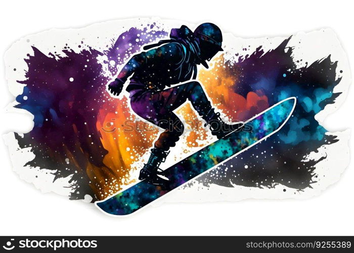 Man snowboarder jump on snowboard with rainbown watercolor splash isolated on white background. Neural network AI generated art. Man snowboarder jump on snowboard with rainbown watercolor splash isolated on white background. Neural network generated art