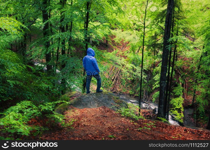 Man standing at the stone in green bright summer rainy forest