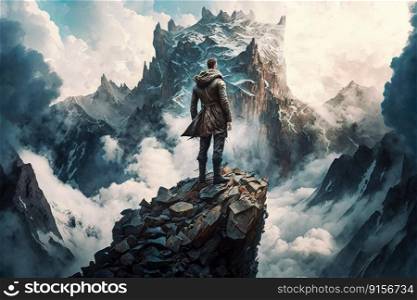 man, standing atop rocky cliff, with view of distant mountains and the clouds swirling below, created with generative ai