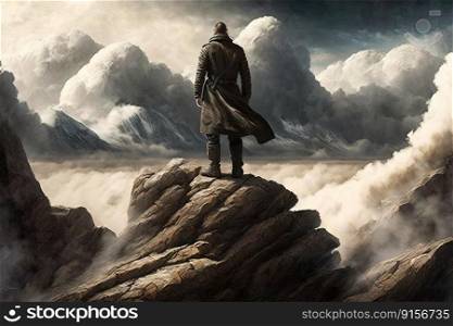 man, standing atop rocky cliff, with view of distant mountains and the clouds swirling below, created with generative ai