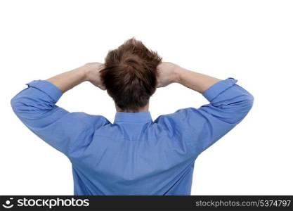 man standing backward and stretching