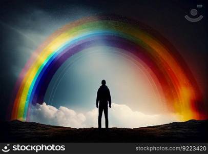 Man standing in front of a rainbow illustration. AI generative.